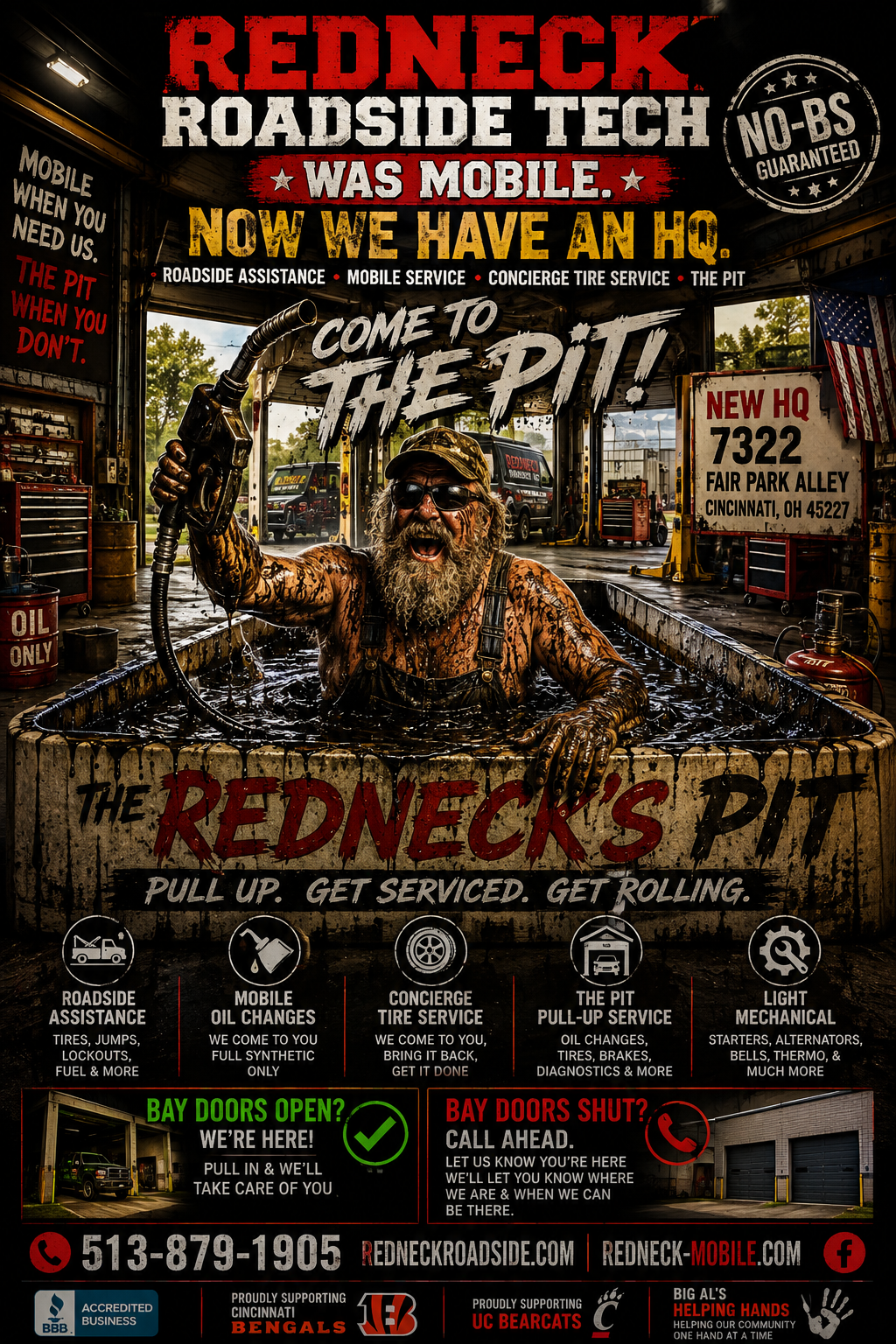 Redneck Roadside Tech was mobile — now we have an HQ. Come to The Pit at 7322 Fair Park Alley, Cincinnati, OH 45227: roadside assistance, mobile oil changes, concierge tire service, Pit pull-up service and light mechanical.