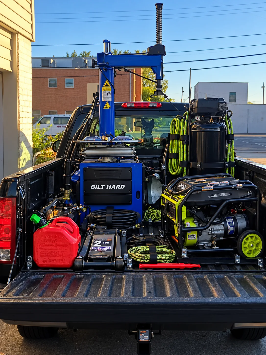 Redneck Roadside Tech mobile tire replacement pickup loaded with a tire changer, compressor, generator and roadside equipment in Cincinnati