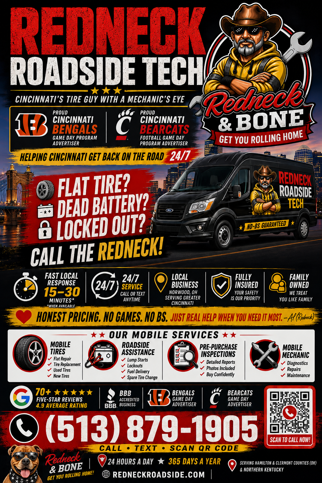 Redneck Roadside Tech 2026 game-day flyer showing the Bengals and Bearcats game day program advertiser badges, mobile service van, 24/7 roadside services and the phone number 513-879-1905