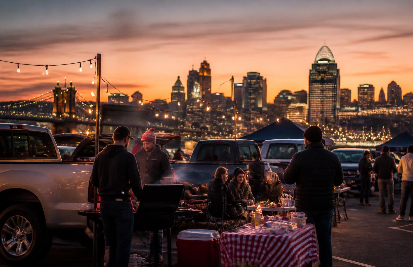 Tailgate party in a stadium parking lot at sunset with the Cincinnati skyline and river bridge behind it