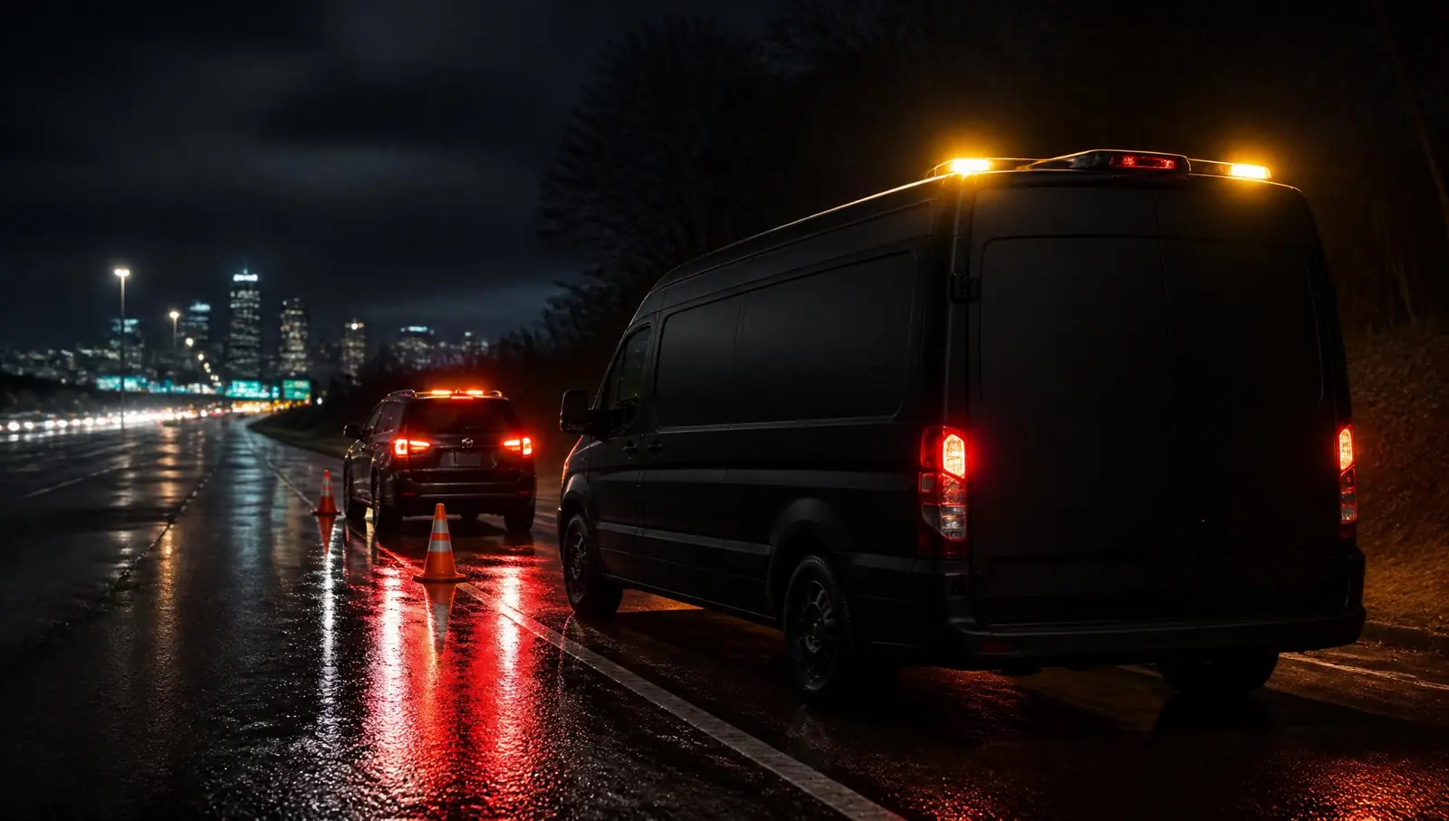 Mobile tire service van with amber strobes on a rain-soaked Cincinnati interstate shoulder at night