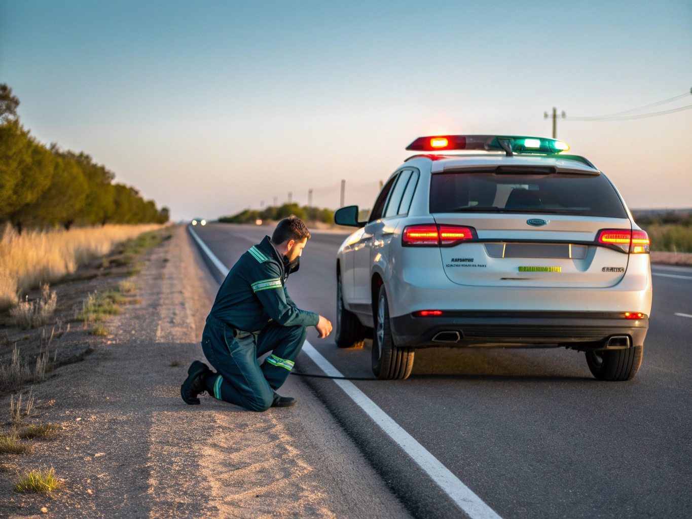 Mobile tire change on the side of a busy highway