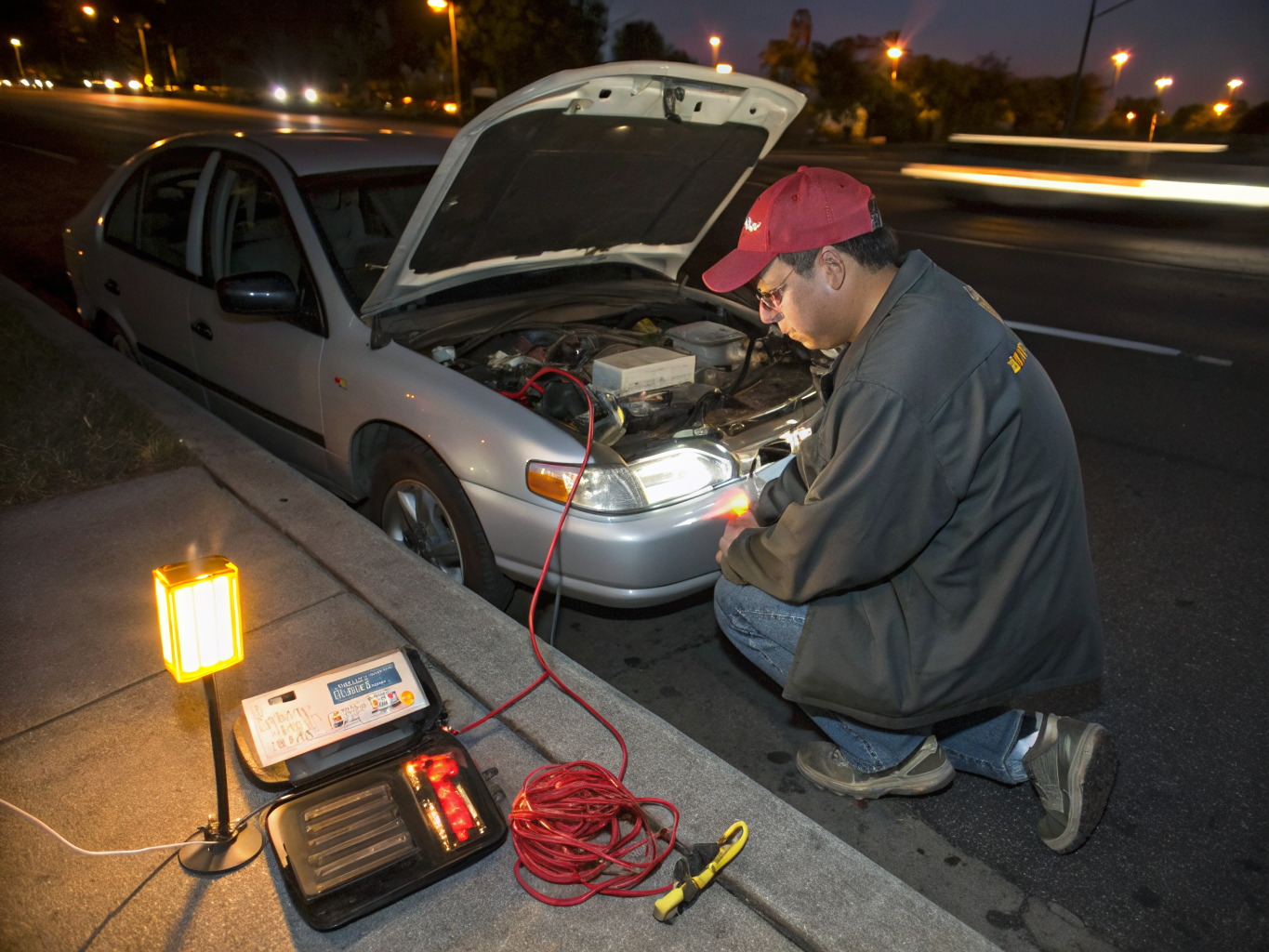 Jump starting a car in a residential neighborhood