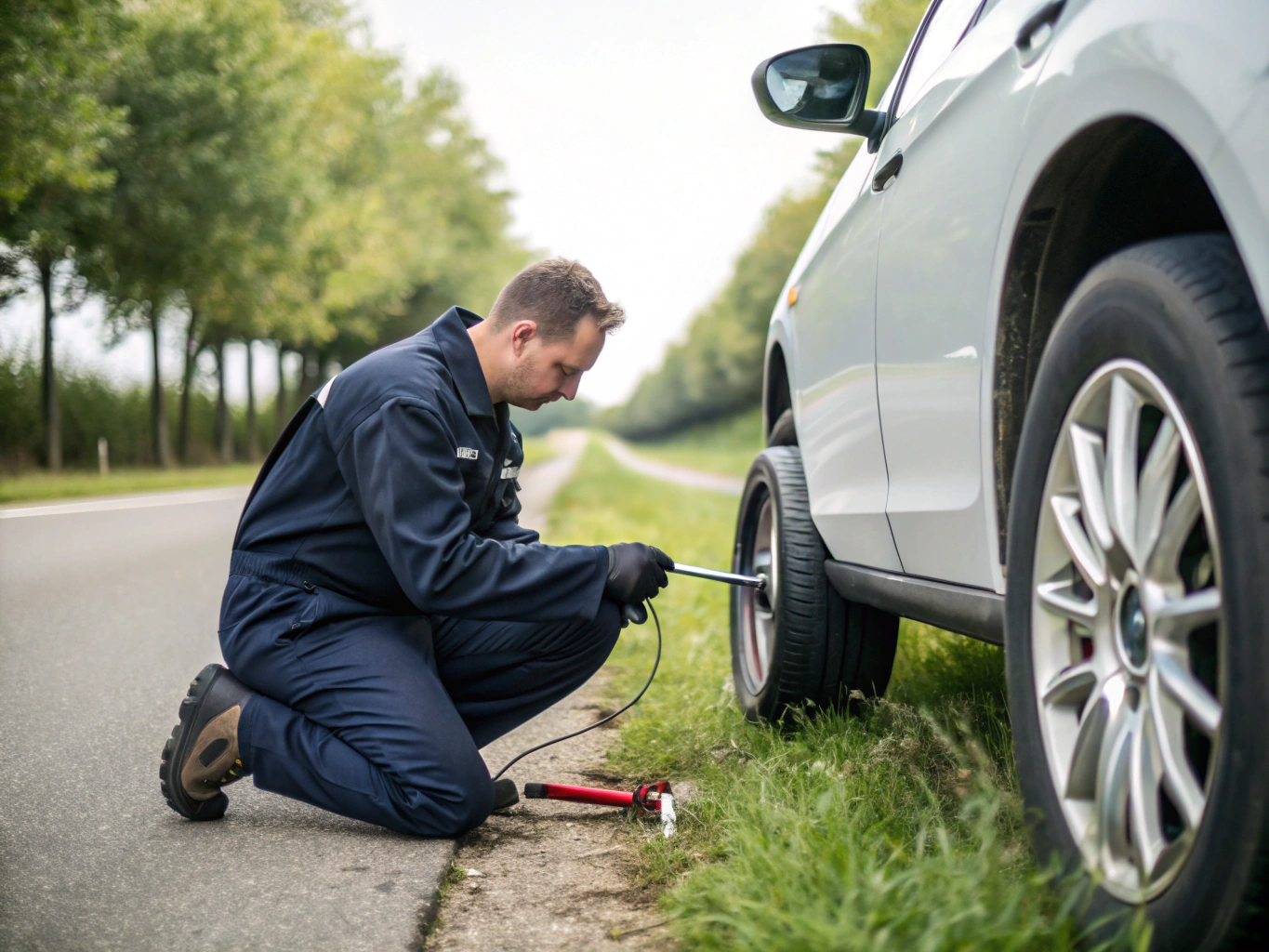Fixing a flat tire in the rain