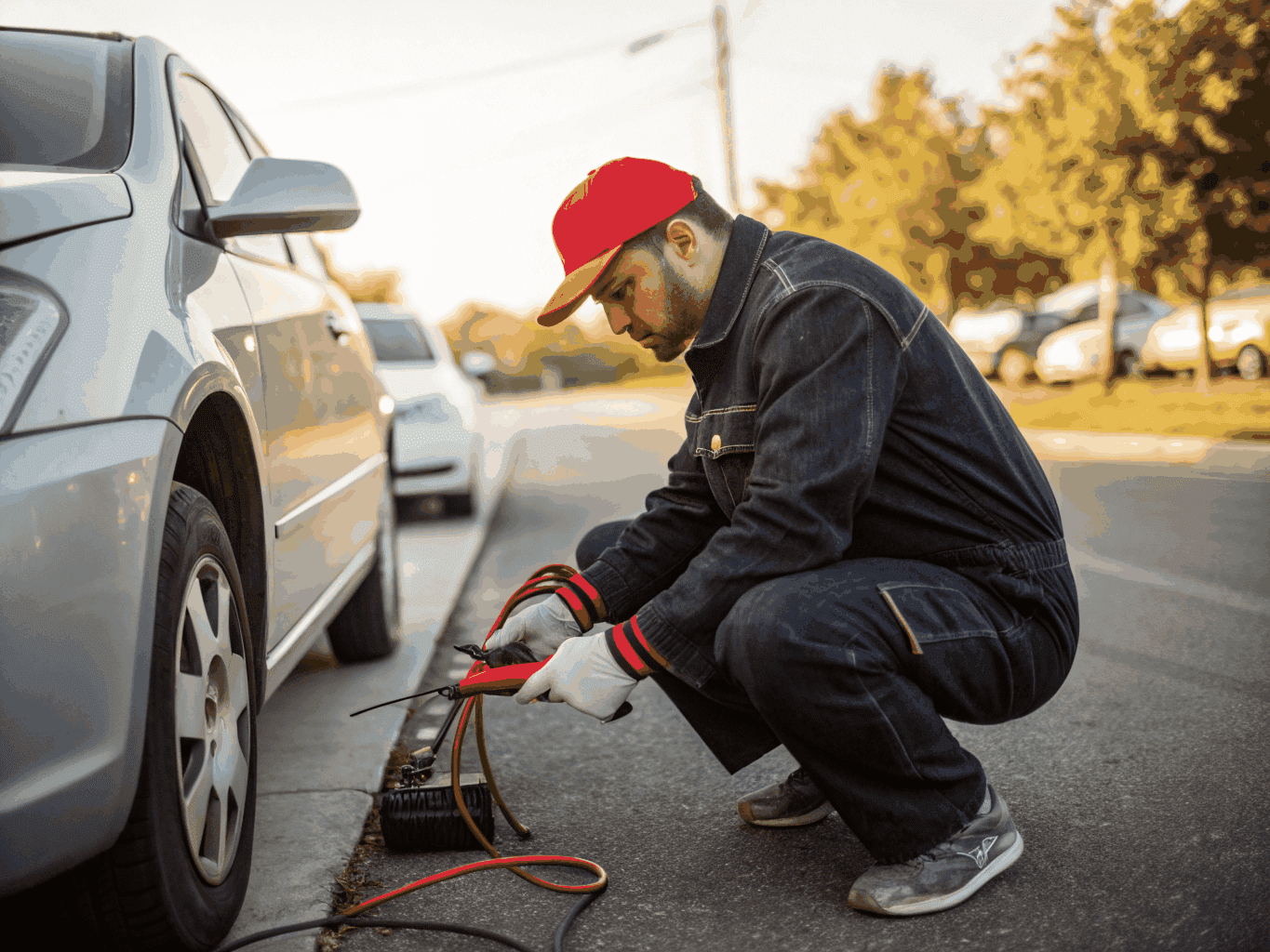 Technician jump-starting a dealership vehicle battery with professional equipment