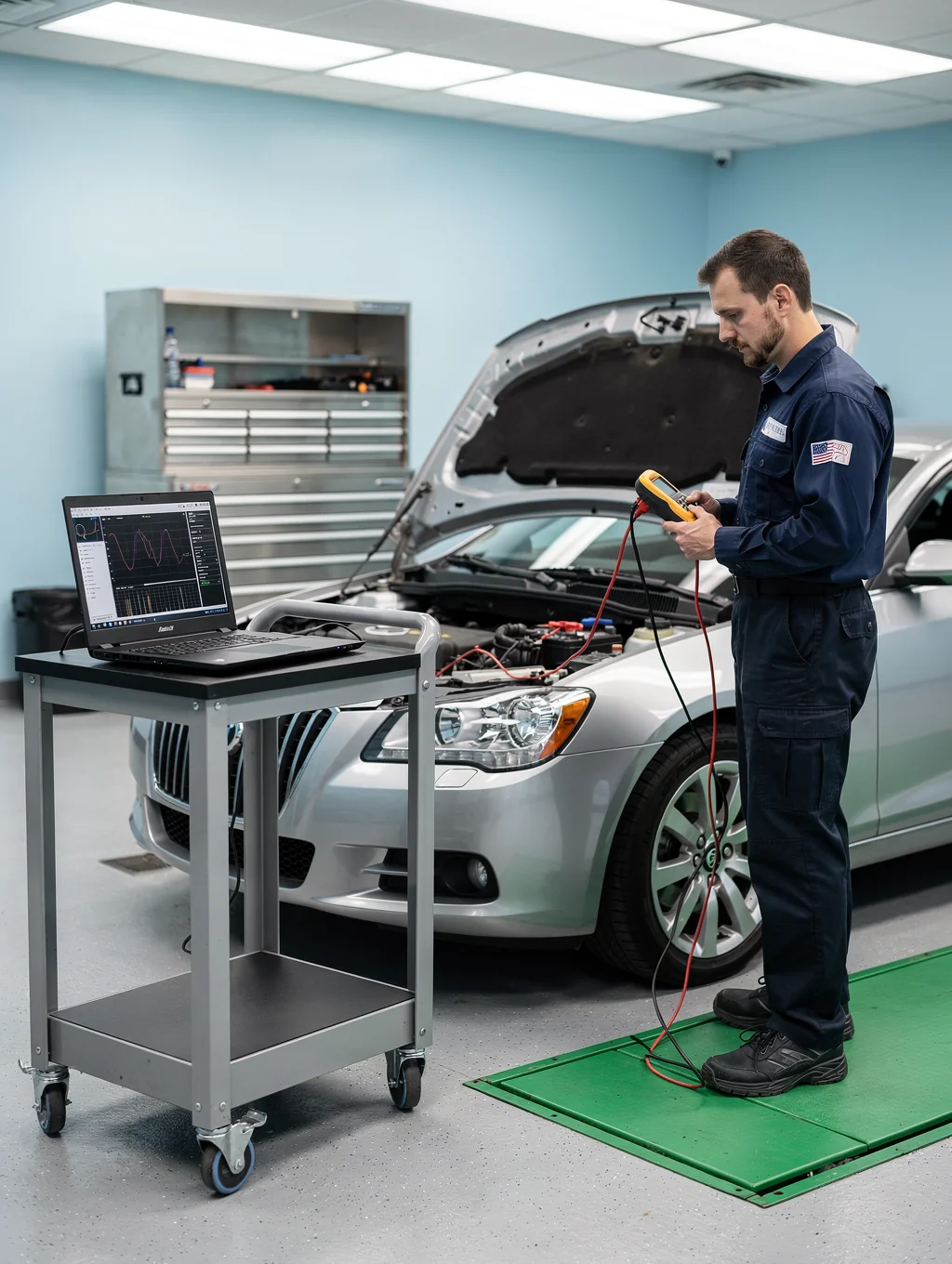Technician testing car battery health