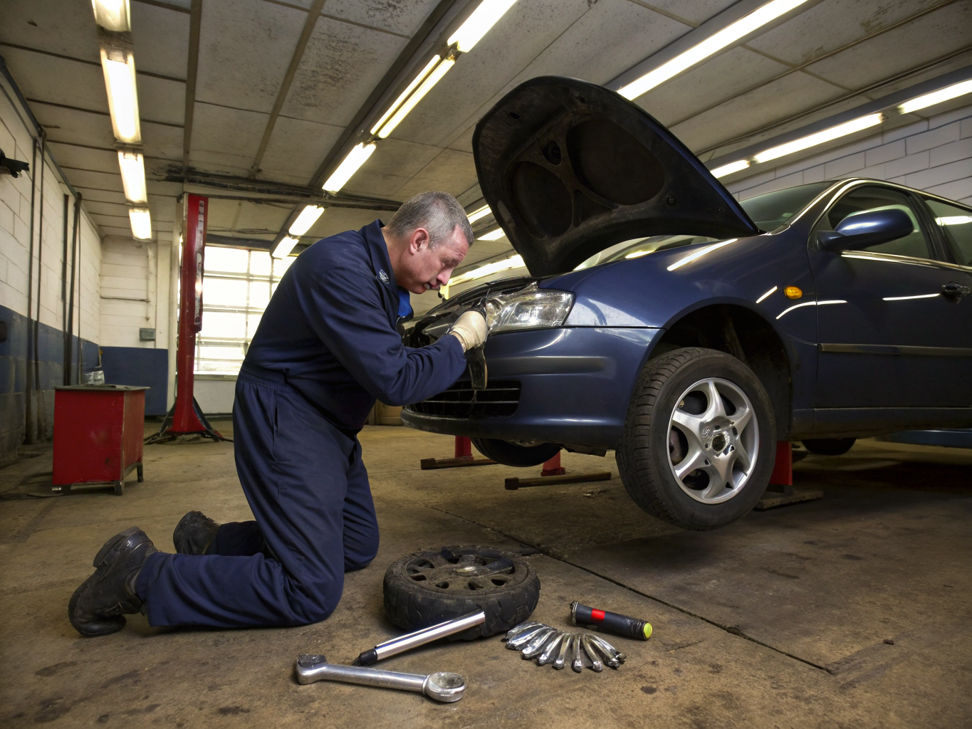 Technician replacing brake pads on a dealership car