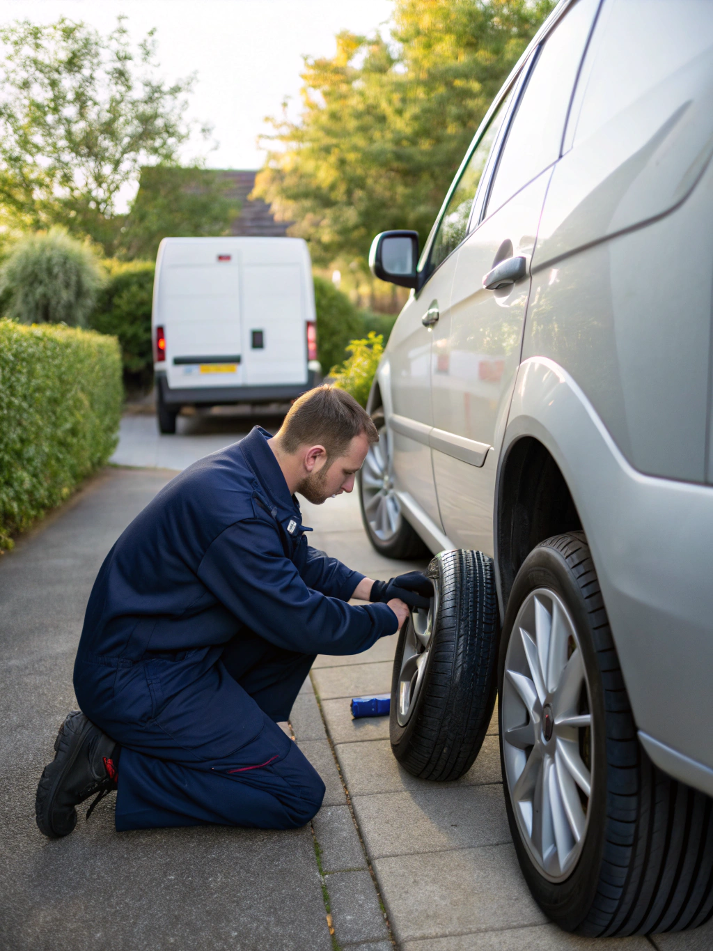 A family vehicle receiving mobile tire service on the roadside