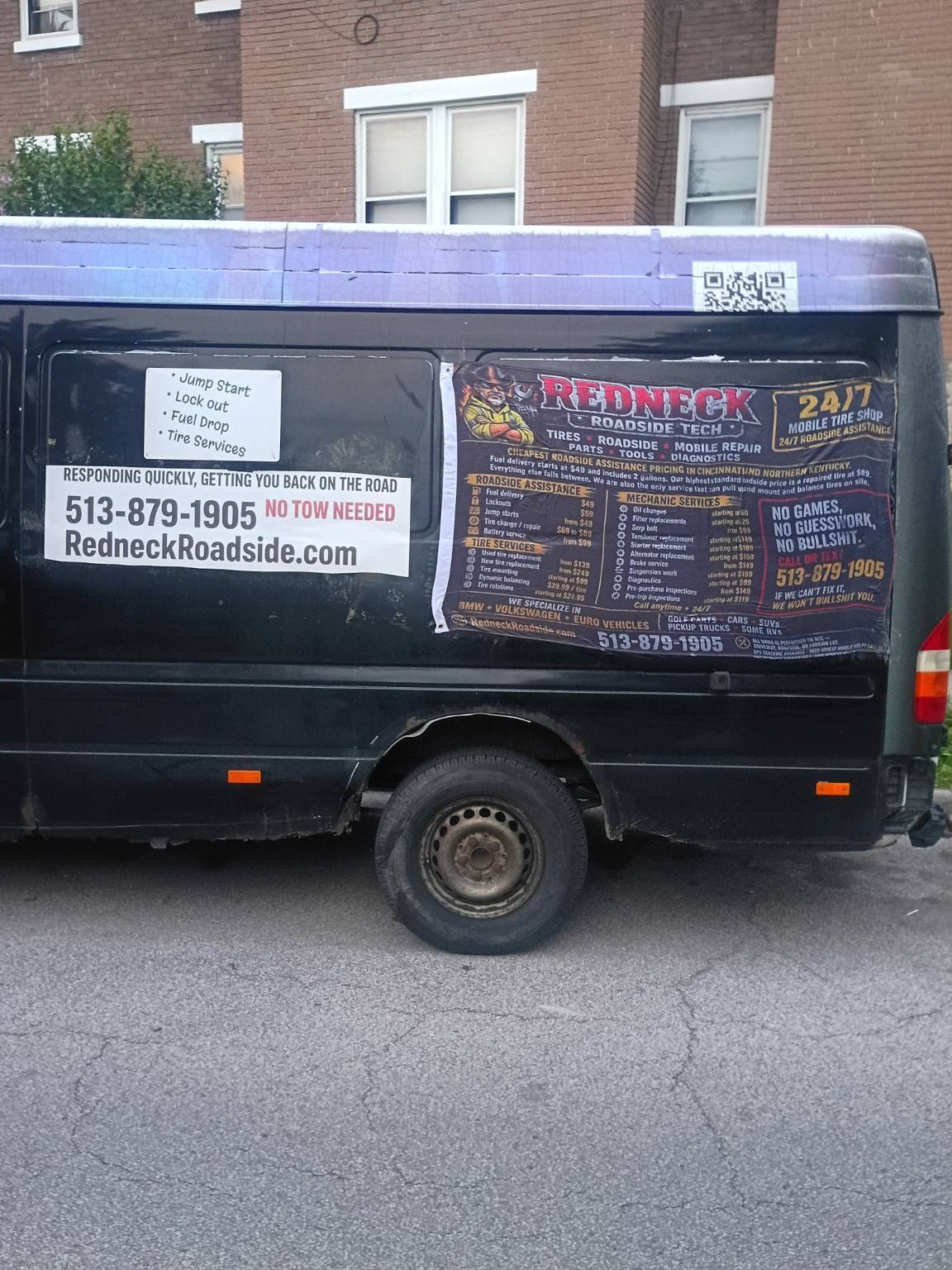 Redneck Roadside Tech mobile tire service and roadside assistance van serving Cincinnati, Norwood, Clermont County, and Northern Kentucky.