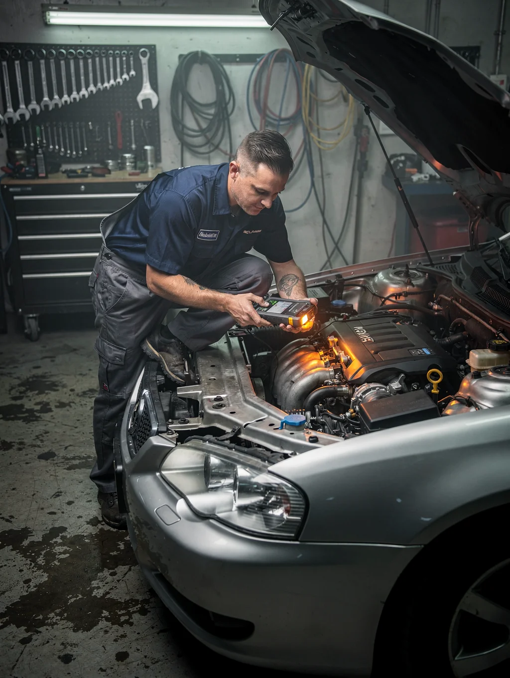 Professional inspecting vehicle fluid levels
