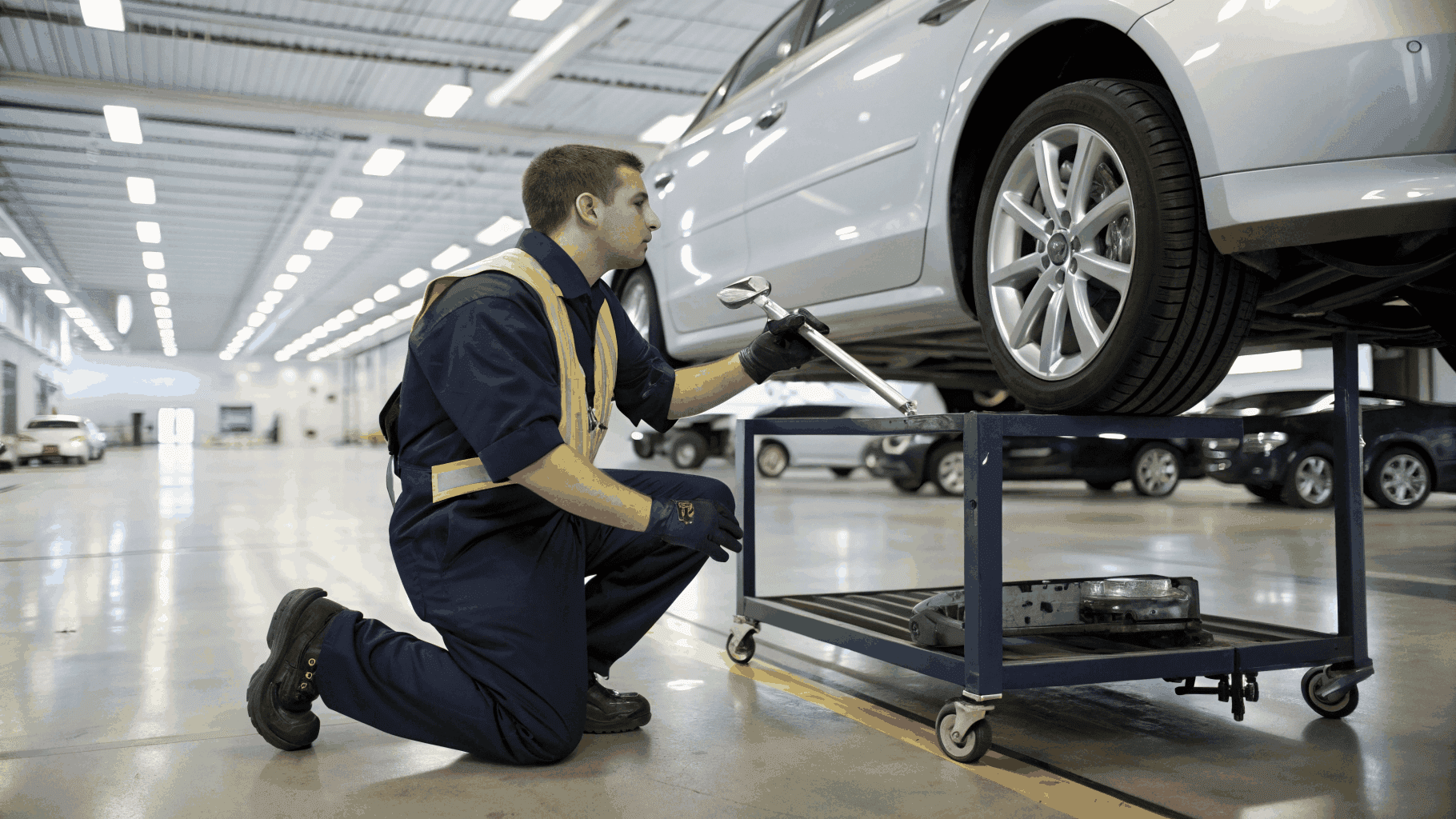 A professional mobile mechanic performing a tire change on a vehicle