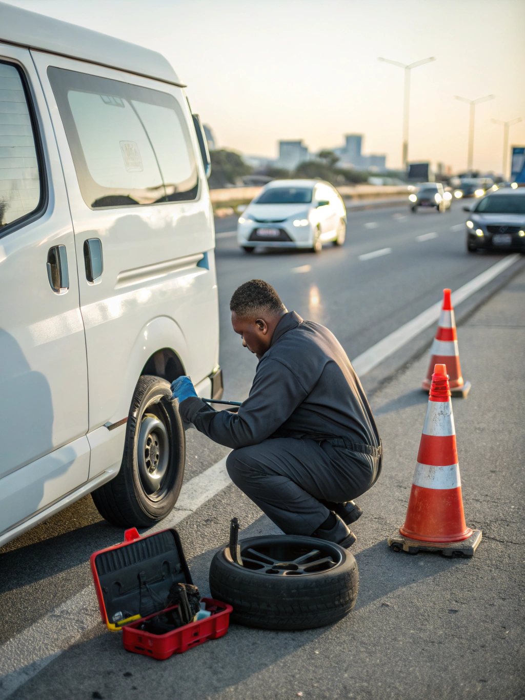 A mobile mechanic performing roadside tire service on a vehicle