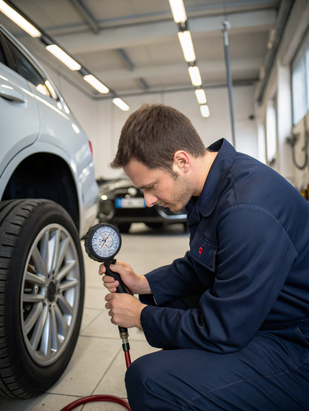 Technician checking tire pressure on a vehicle