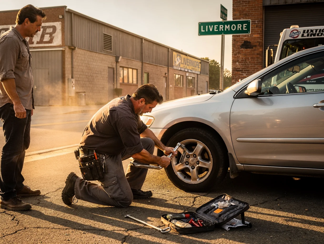 Technician performing tire replacement on a dealership inventory vehicle