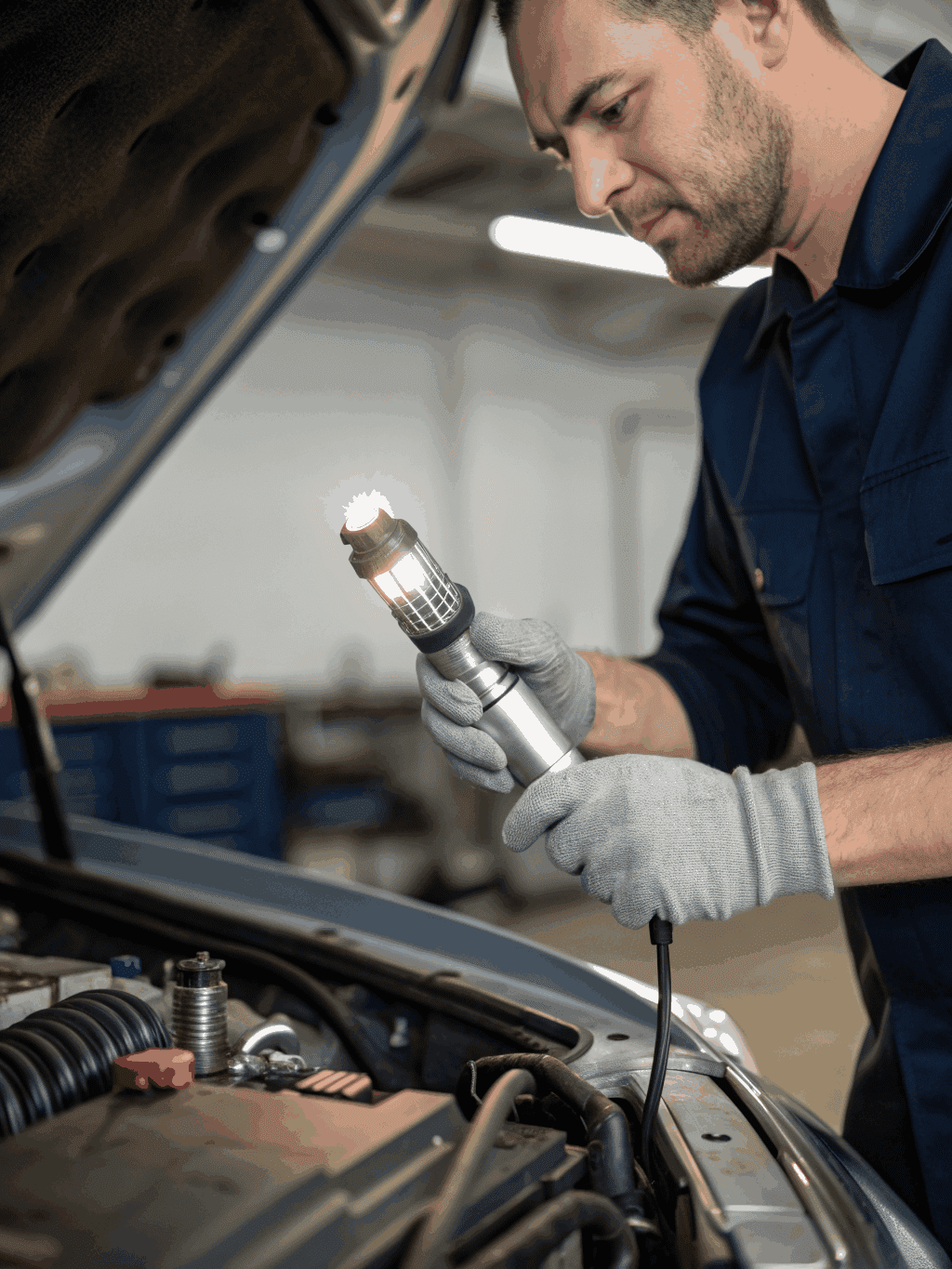 Mechanic performing a detailed vehicle inspection